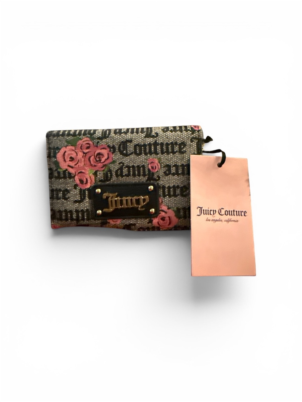 Juicy Couture Brown Wallet with Pink Rose Print and Gold Plaque